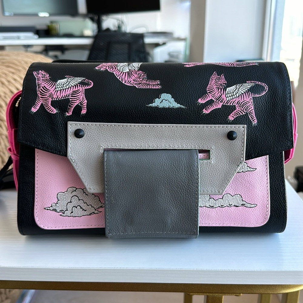 Min & Mon - Cael Reversible Leather Bag - Black and Green Tiger and Snake Print